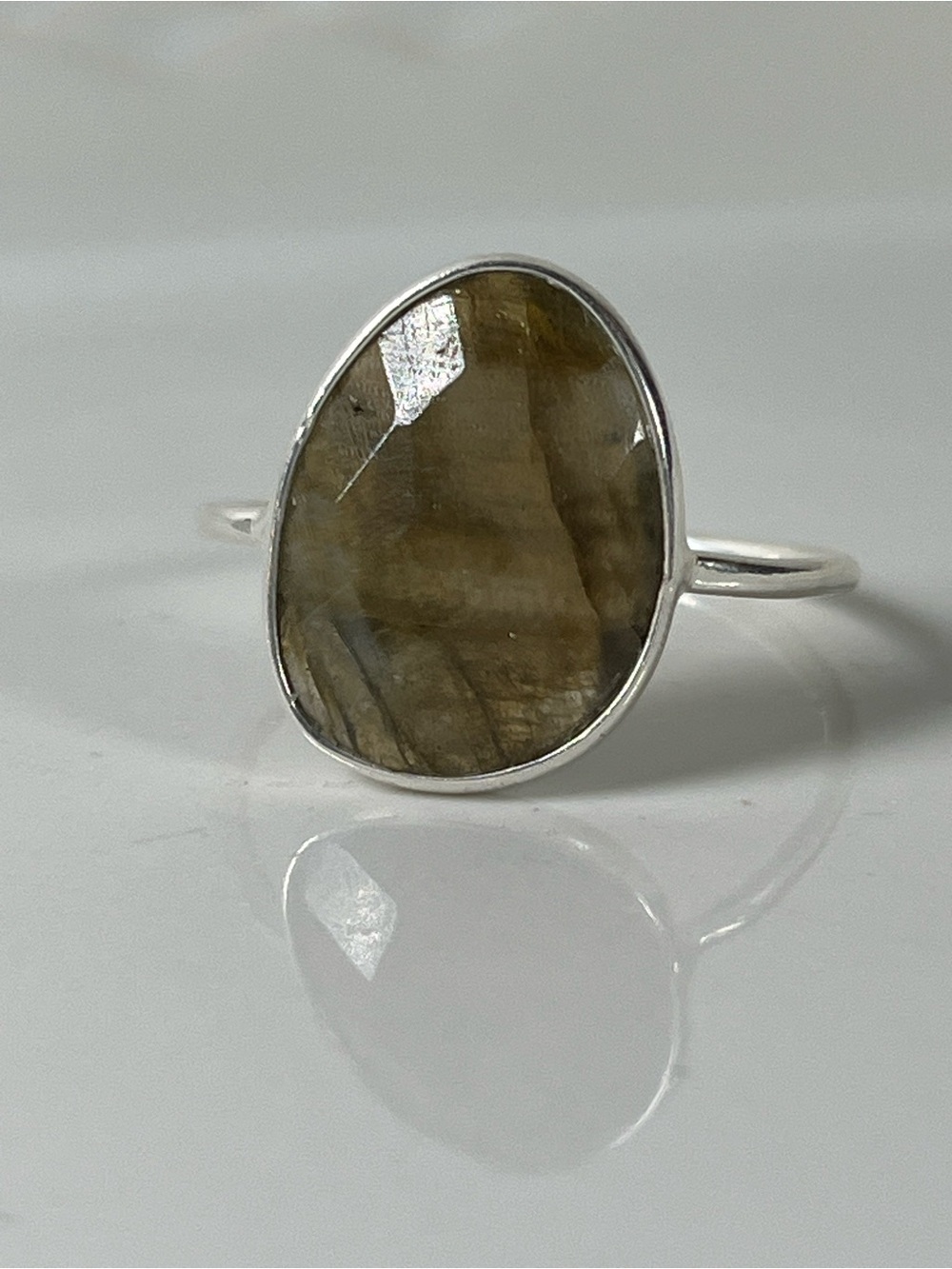 Solid Sterling Silver 925 Labradorite Gemstone Flat Stacker Ring Size 8.75